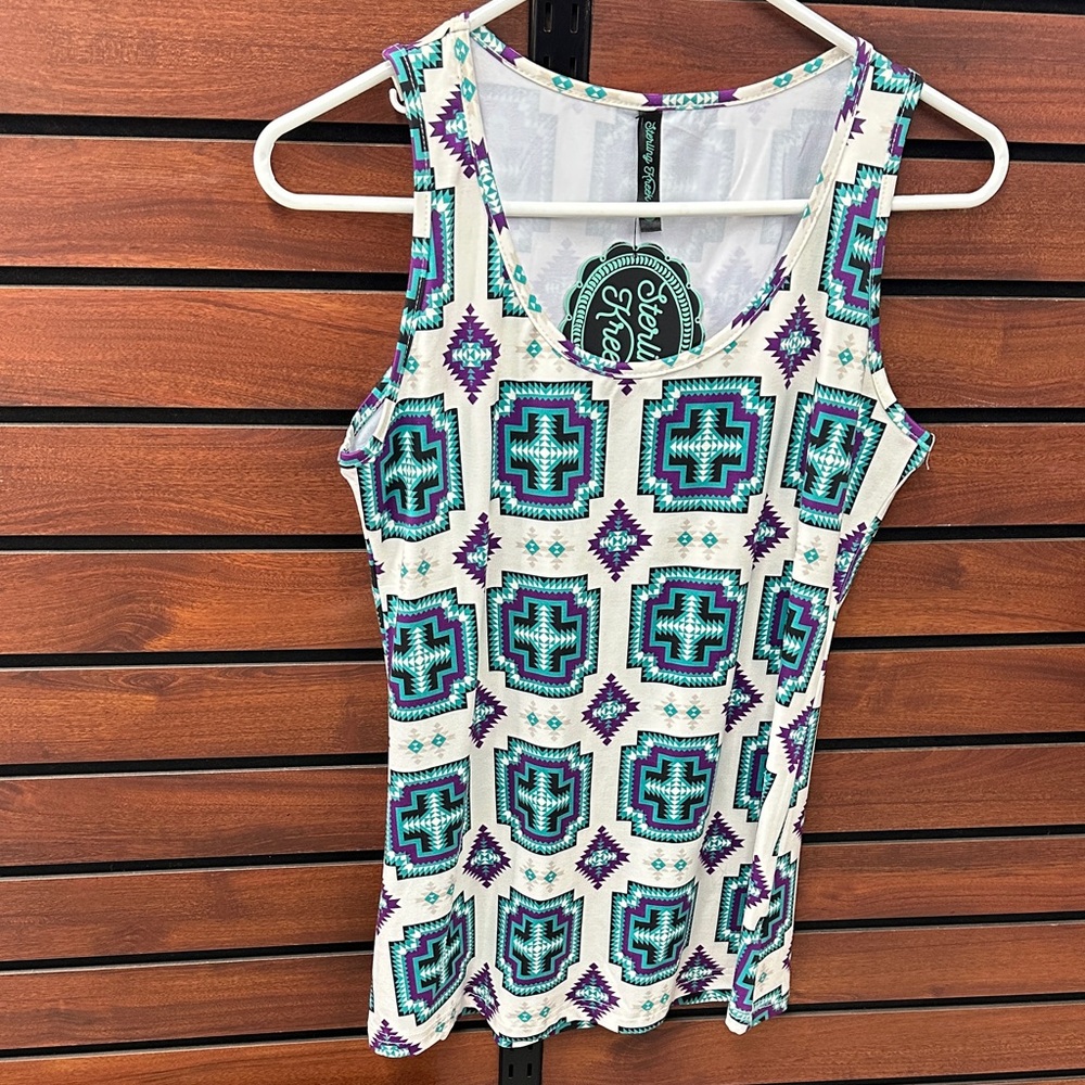 Cream Tank Top with Teal & Purple Geometric Print